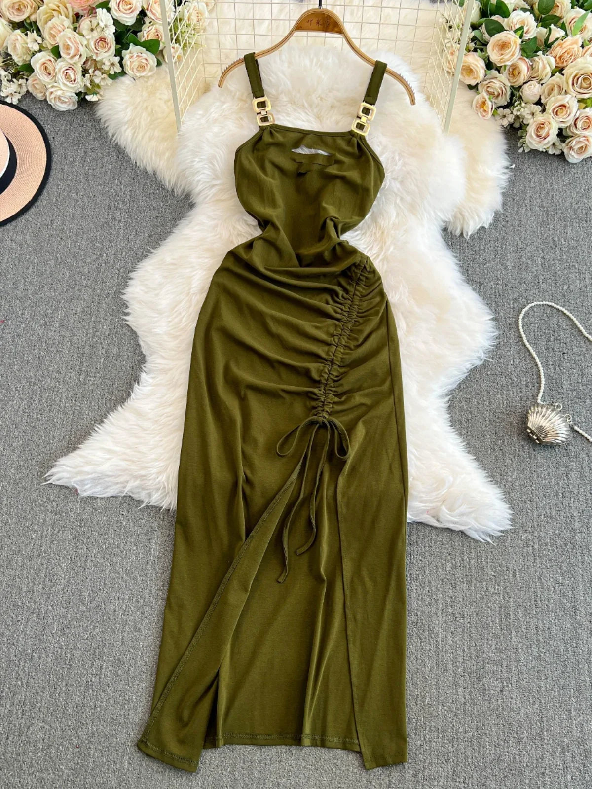 Olive Green Ruched Dress With Gold Buckles