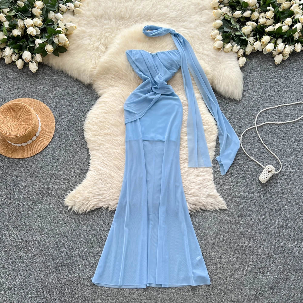 Light Blue Strapless Maxi Dress With Scarf on Luulla
