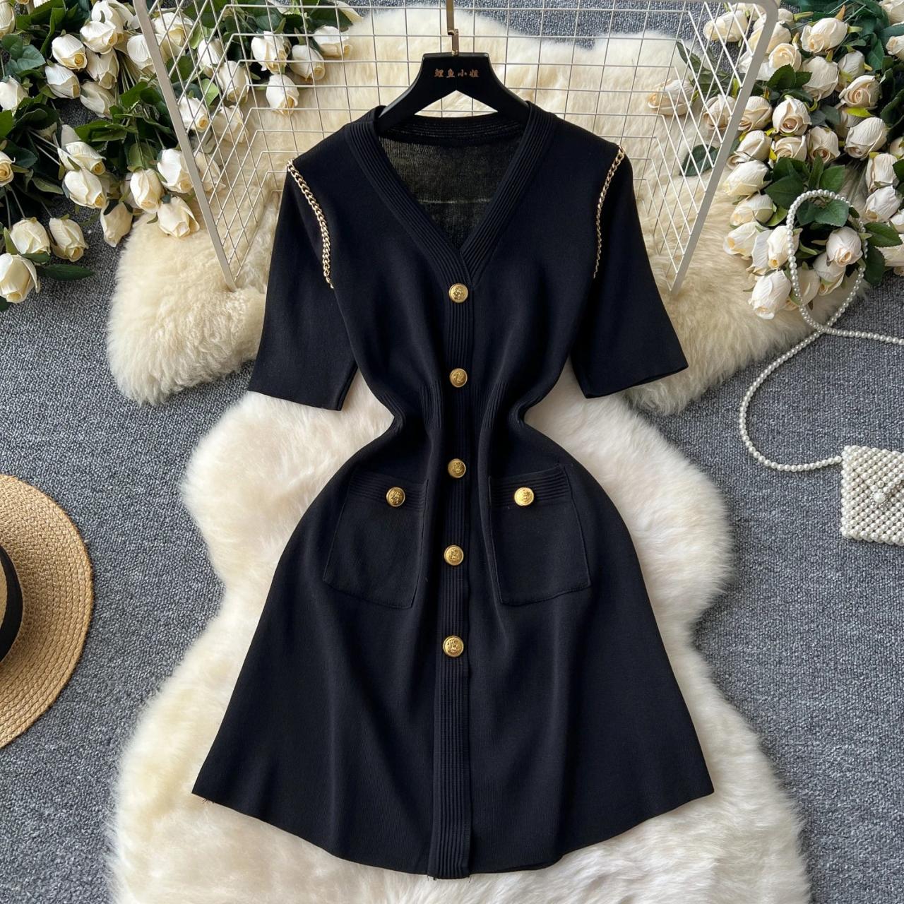black knit dress with gold buttons One-Sleeve Short Black Homecoming Dress with Sequins– PromGirl main image 0