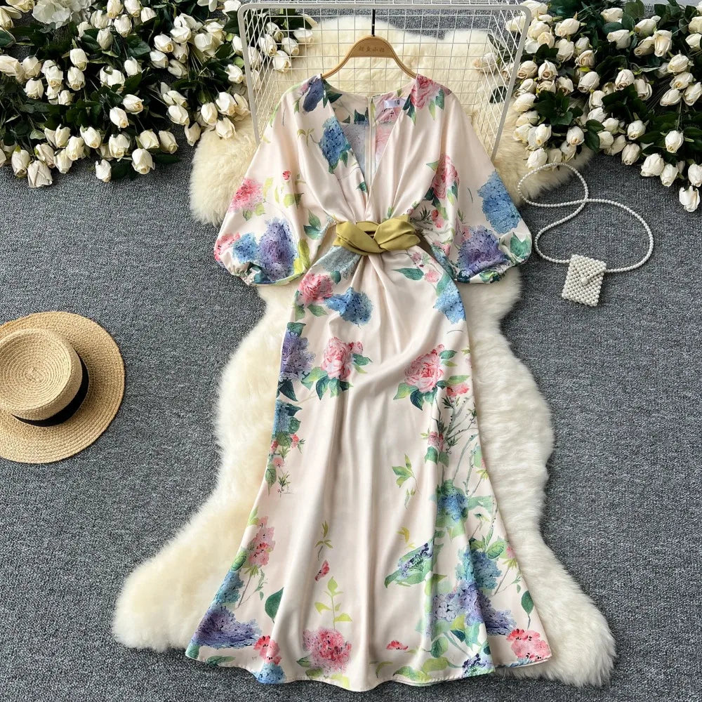 Floral Maxi Dress With Belt, Beige Chiffon