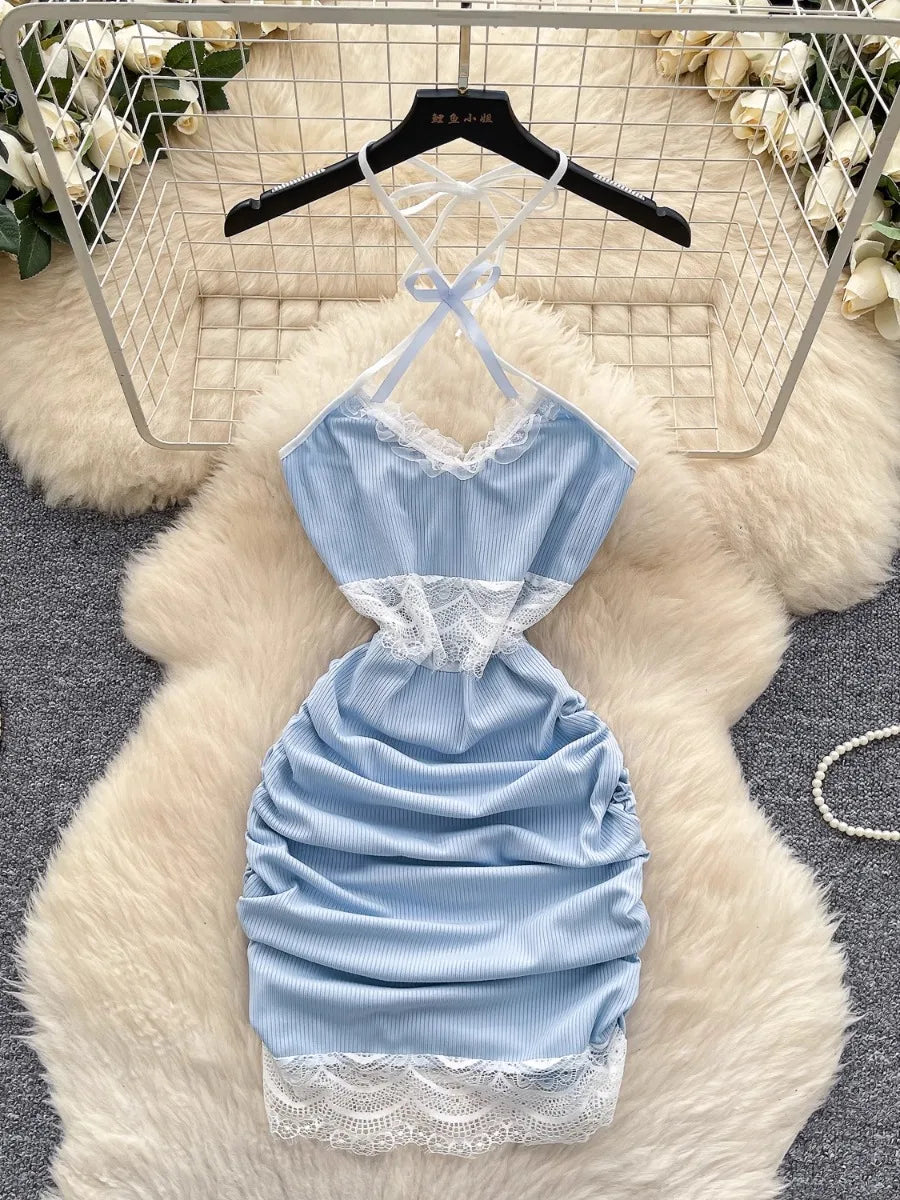 Blue Lace Halter Dress With Ruching Detail on Luulla