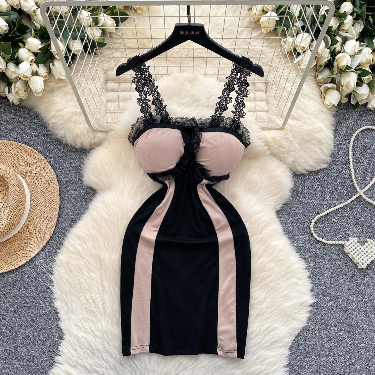 black lace trim satin bodycon dress 12222021 Brown Knit Chain Sleeve Bodycon Dress Large main image 1