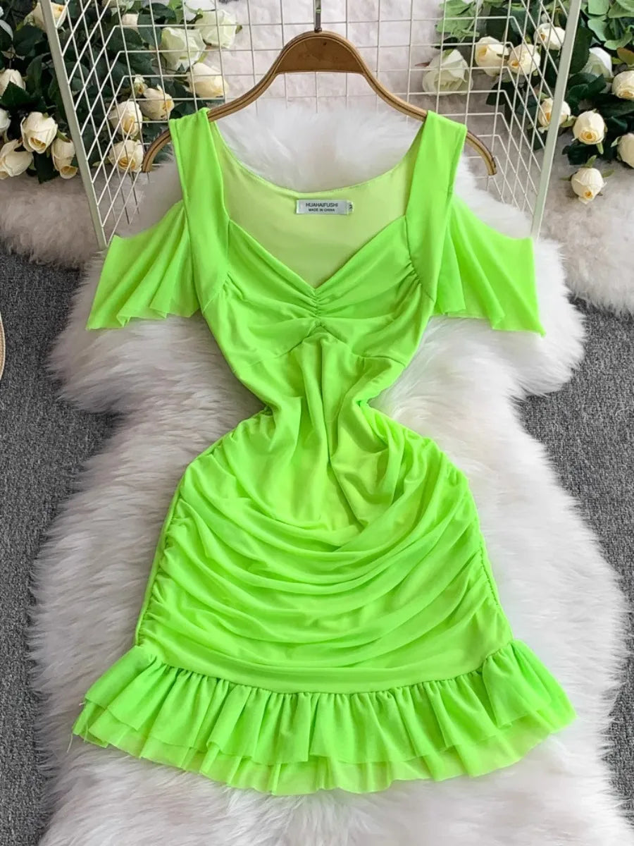 neon off the shoulder dress Neon Green Off-shoulder Ruched Ruffle Dress