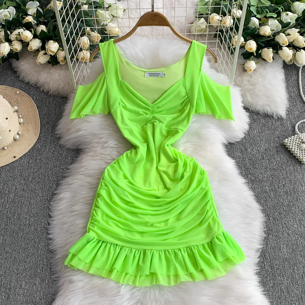off white neon green dress Neon Green Off-shoulder Ruched Ruffle Dress