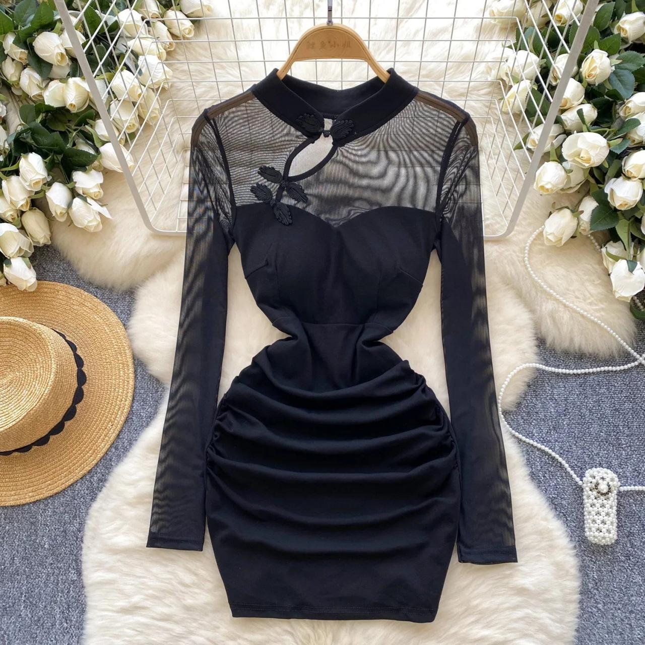 Black Sheer Long Sleeve Mesh Bodycon Dress