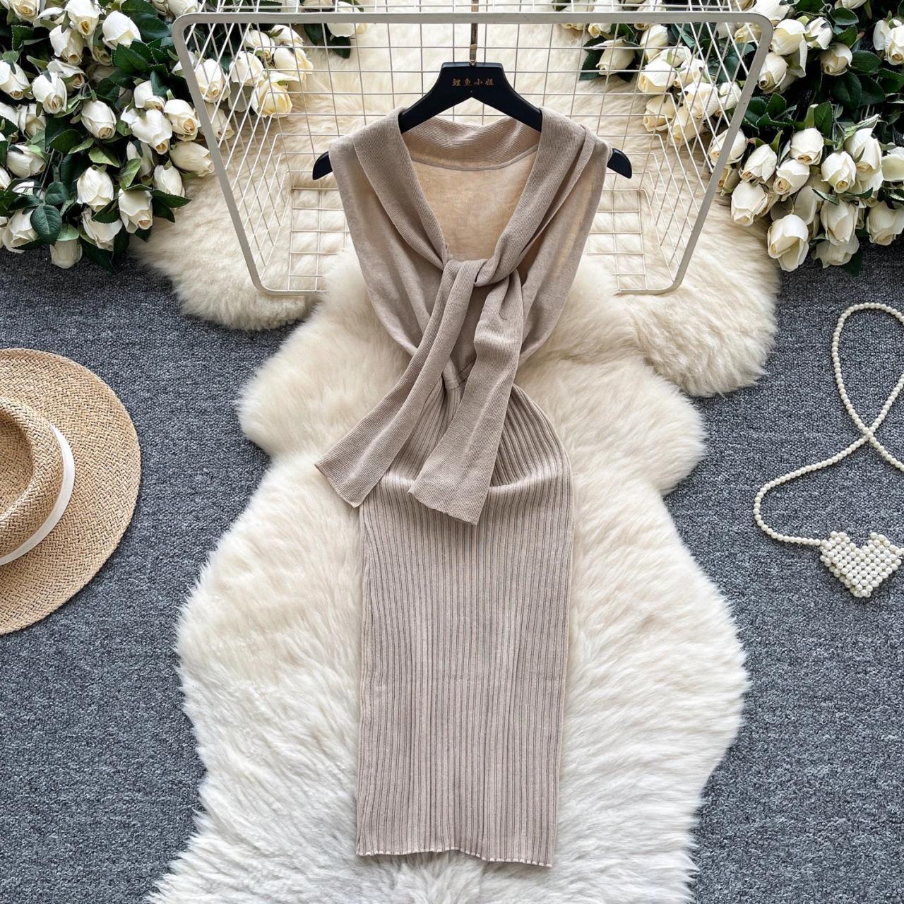 beige dress with scarf Nude MINI DRESS WITH SCARF-Chloe L / Nude