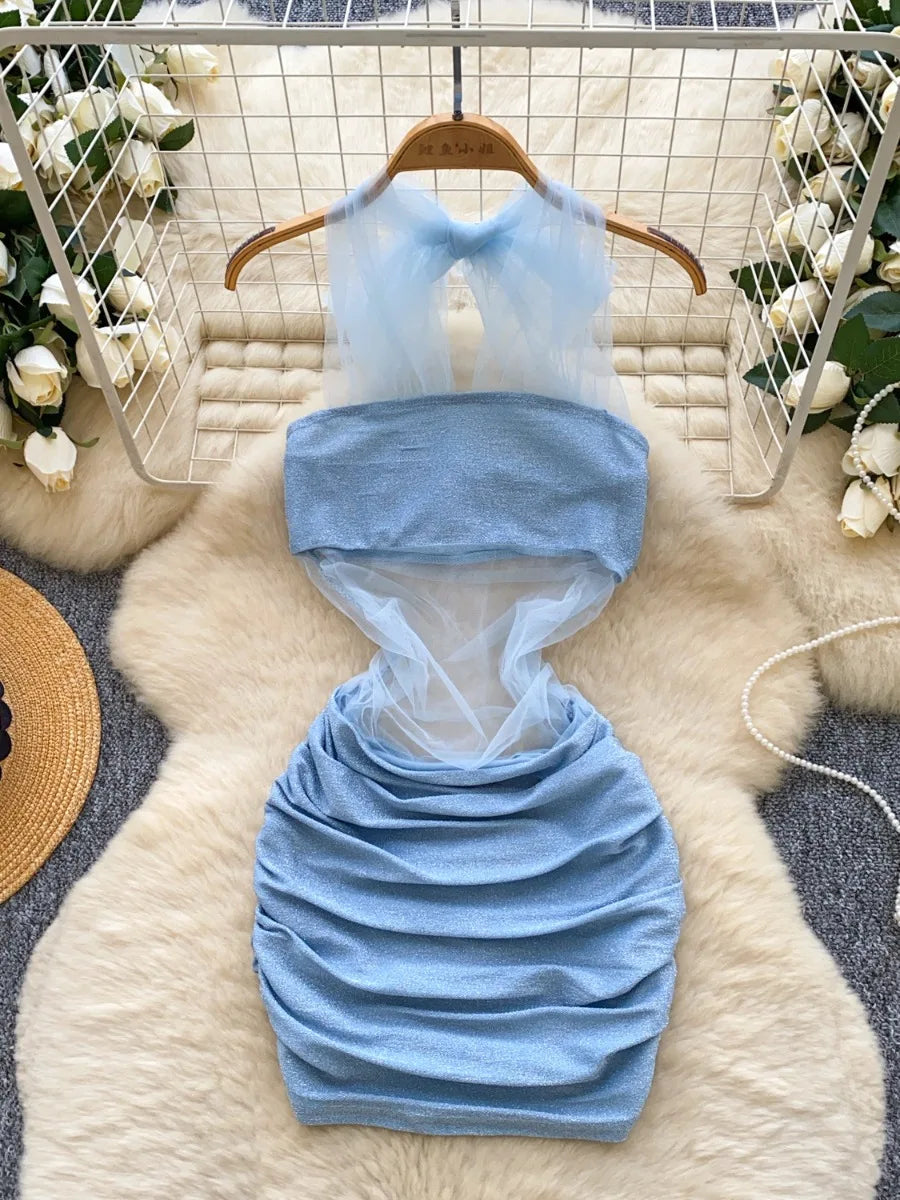 blue mesh ruched dress Light Blue Off-Shoulder Ruched Mesh Bodycon Midi Dress Long Sleeve