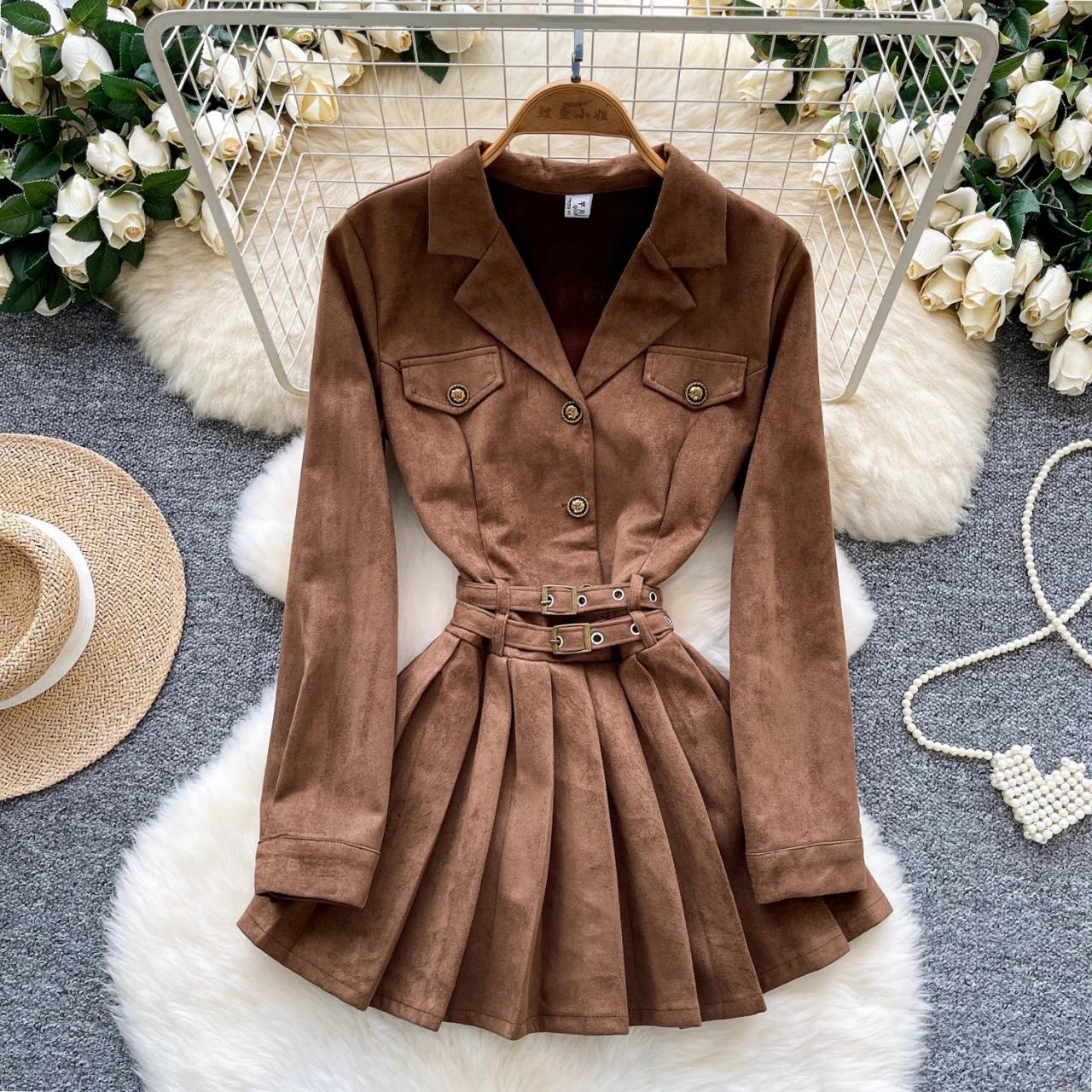 Brown Suede Long-sleeve Pleated Midi Dress