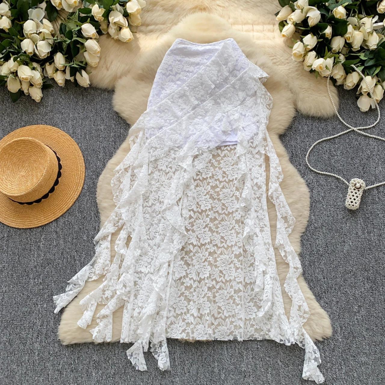 White Lace Floral Fringe Beach Cover-up Dress