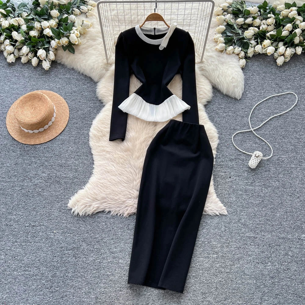 long sleeve peplum dress black 1940s Vintage Black Peplum Dress: Long Sleeve Knee Length
