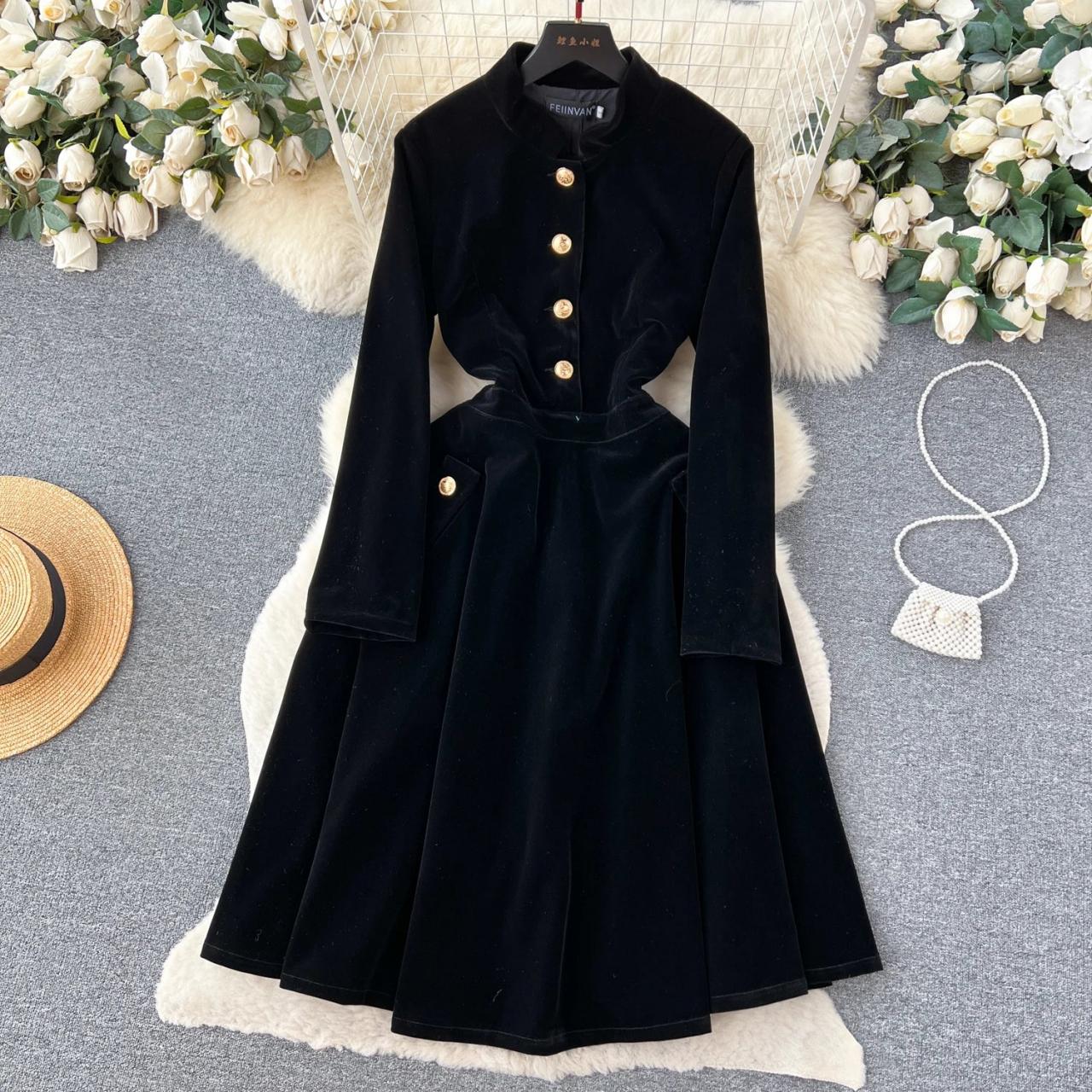 black velvet dress gold buttons Command the Room Black Velvet Scalloped Button Front Mini Dress main image 1