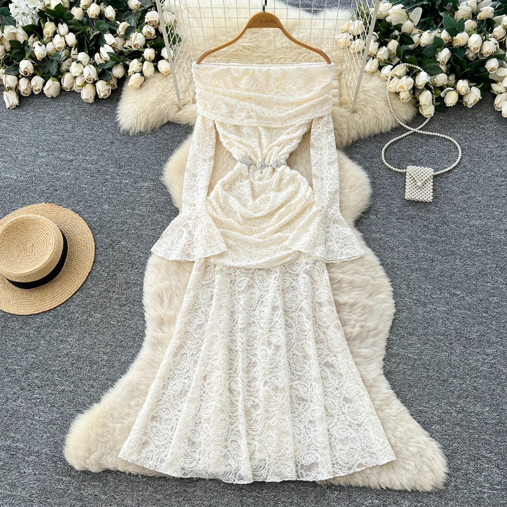 off shoulder flare lace dress Black Lace Off Shoulder Flare Sleeve Mini Dress