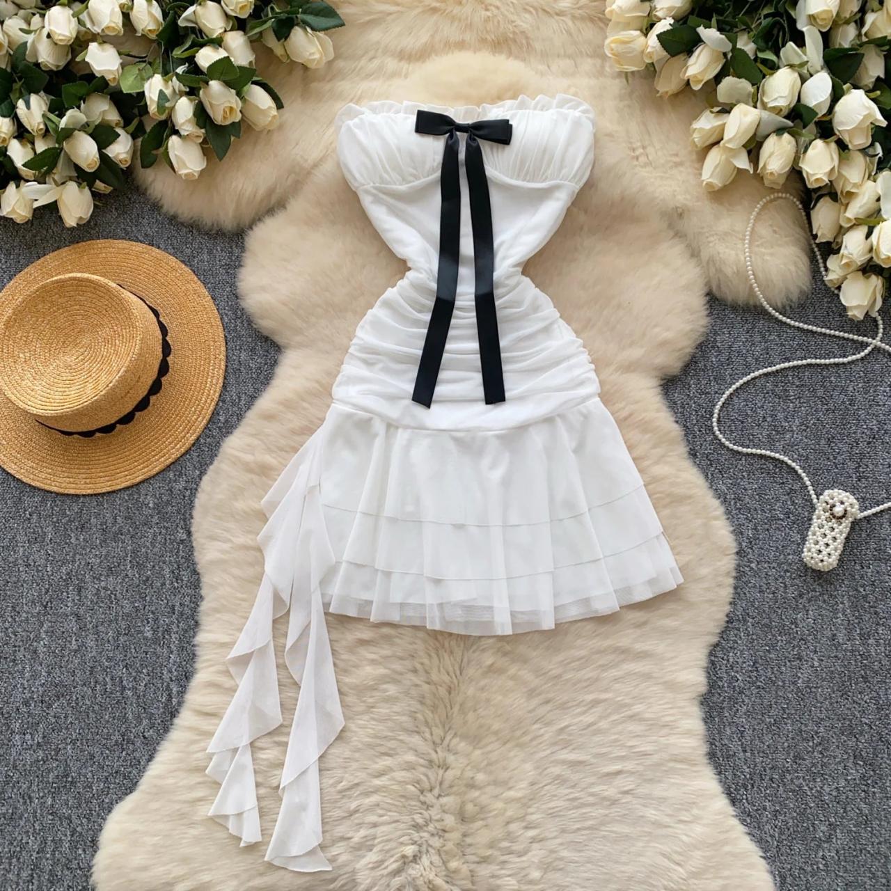 knee length dresses for ladies White Silk Crepe Bias Dress With Lace and Black Velvet Ribbon Bow Deta   Rodarte