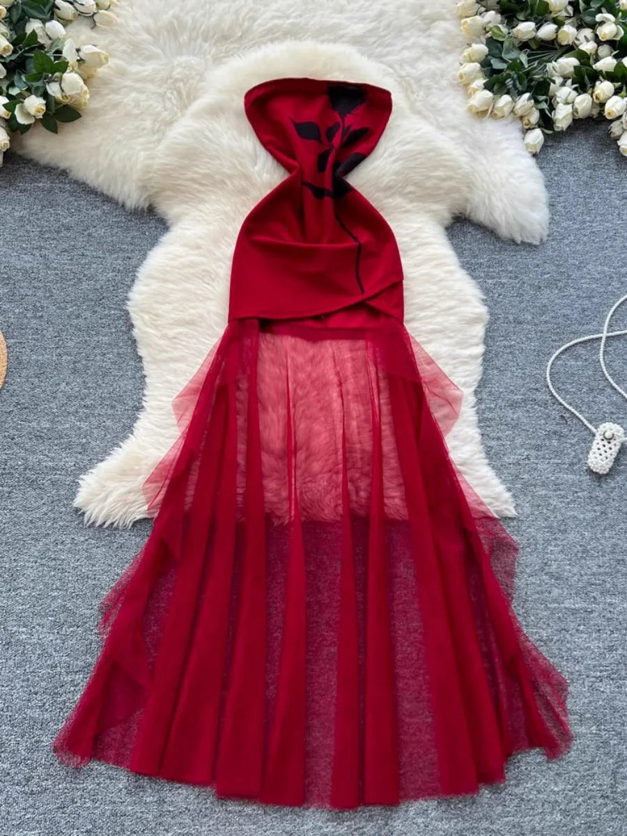 red mesh overlay dress Amazon.com: SNDDEG Women's Mesh Overlay Spaghetti Strap Dress Boho  Sleeveless Bodycon Backless Midi Dress Wine Red : Clothing, Shoes & Jewelry