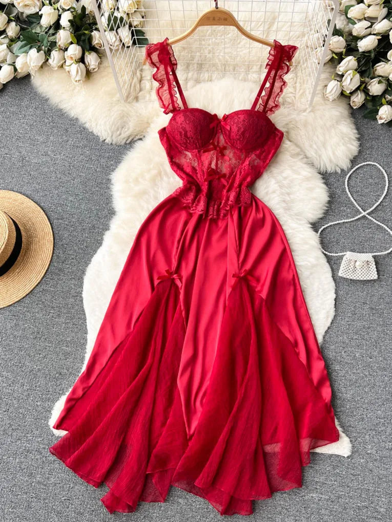 red lace slip dress Jaylah Rose Red Lace Slip Maxi Dress / L