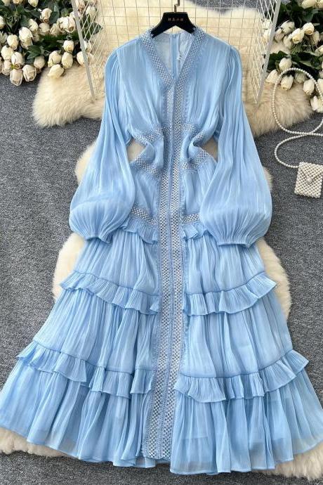 knee length dresses for ladies Blue Plus Size Floral Ruffled Long Sleeve Flowy Mini Dress Blue / 4X / 100%Viscose main image 0