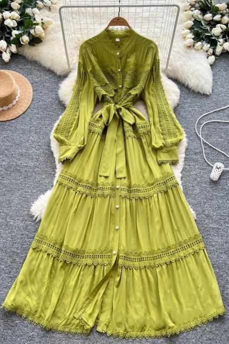 Olive Green Lace-trimmed Long Sleeve Maxi Dress