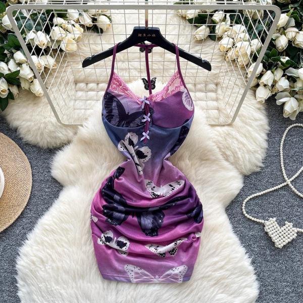 Purple Butterfly Print Sleeveless Lace Mini Dress